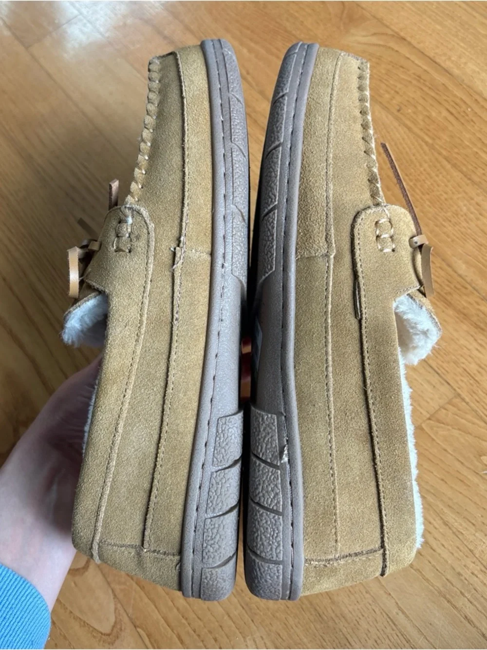 Lands End Mens Suede Moccasins Faux Fur Lined Slippers Brown English Tan Size 8M